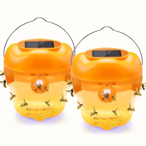 Wasp Trap, Solar Wasp Traps Hanging, Reusable Yellow Jacket Bee Trap for Outside, with LED Light, Wasps Killer, Hornet Traps for Orchard, Farm, Garden, Patio, Courtyard (Yellow)