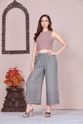 Image of VIVIKA Chikankari Palazzo Pants for Women |Rayon Wide Leg Ethnic Palazo with Embroidery | Comfortable Elastic Waist Women's Palazzo for Casual, Festive & Office Wear