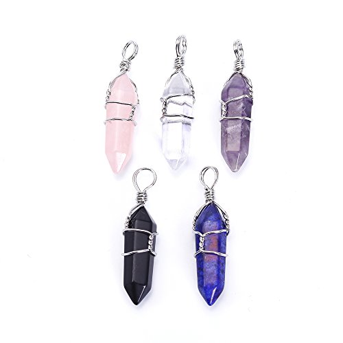 BRCbeads Gorgeous Faceted Natural White Crystal+Amethyst+Rose Quarts+Lapis+Onyx Handmade Wire Wrap Healing Point Chakra Pendant 40x10mm 5pcs per Bag for Necklace Making