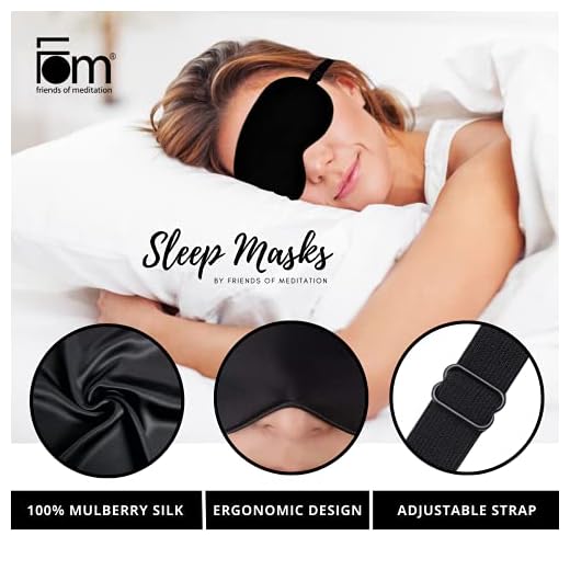 Friends of Meditation® 100% Mulberry Silk Sleep Mask – Pure Silk Eye Mask for Sleeping, Super Smooth Blackout Blindfold, Soft Adjustable Strap, Luxury Eye Cover for Travel, Meditation (Black)