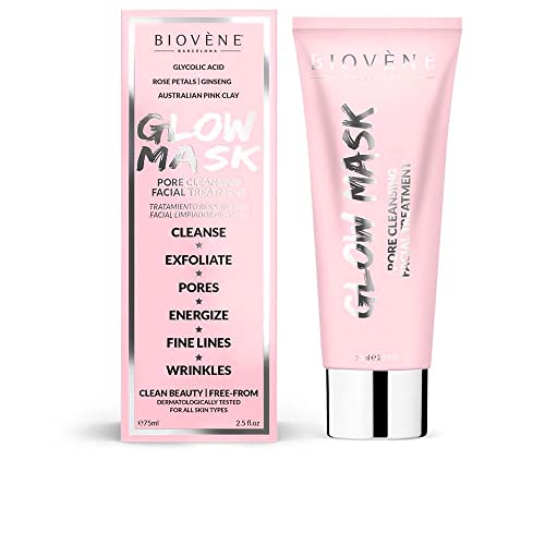 Masque à l'argile rose Biovène Holiday Glow - pour le visage- Détoxifie, exfolie et purifie la peau - Au ginseng, pétales de rose + Acide glycolique - Garde la peau douce et hydratée (75 ml)