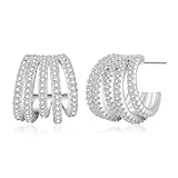 Senteria Pendientes de aro de plata de ley con triple ilusión para mujer, hipoalergénicos, pequeños, de plata de ley con circonita cúbica, ligeros y gruesos para mujer, Latón, Circonita cúbica