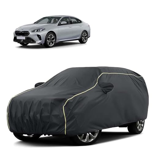 Image of Sulfar 100% Water Resistant Car Body Cover Compatible with Mirror for BMW 2 Series Gran Coupe (Triple Stitched, Full Bottom Elastic, Dark Grey Tafetta with Yellow Piping)