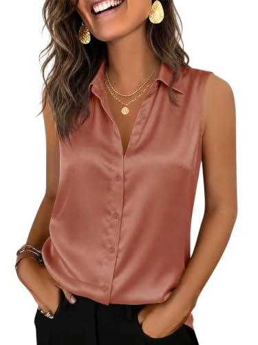 Image of Cicy Bell Womens Satin Sleeveless Button Down Shirts Work Blouse Silky Tops | V Neck, Collared Tank Tops, Professional, Office Clothes, Business Casual Outfits, Under Blazer Tops, Dress Down with Jeans