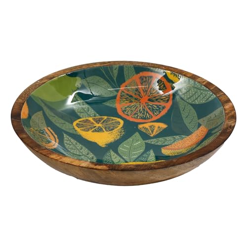 Carousel Home Large Teal Citrus Zest Wooden Fruit Bowl | Mango Wood Enamel Salad Bowl | Decorative Serving Dish - 30cm
