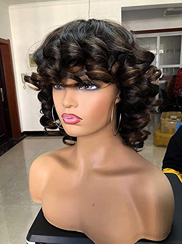 Annivia Short Afro Curly Wigs With Bangs For Women Kinky Curly Hair Wig 2 Tone Ombre Dark Brown Big Bouncy Fluffy Curly Wig #TOP1
