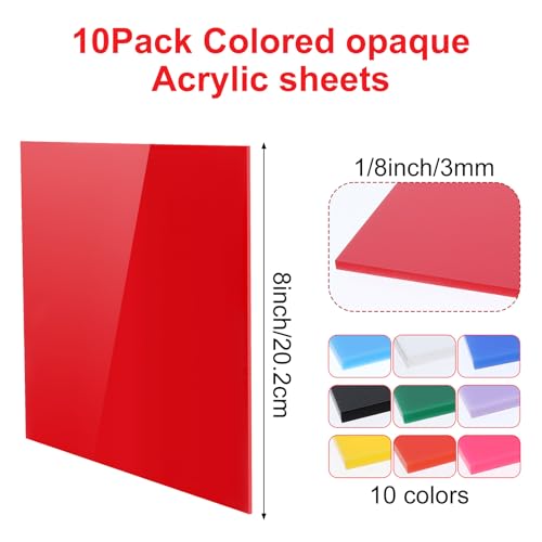 Image of 10Pcs Acrylic Sheets 1 /8 Thick, 8 x 8 in Colored Acrylic Sheets 3 mm for Laser Cutting, Opaque Acrylic Sheets Acrylic Panel with Protective Paper for Laser Engraving Material DIY Crafts