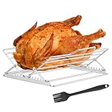 Adjustable Chicken Roasting Rack, Stainless Steel Foldable Roasting Rack, V-Shaped Stand for Turkey Chicken Includes basting Brush (Silver)