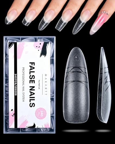 Makartt Long Almond Nail Tips: with Scales for Convenient Shape Matte 240 PCS 15 Sizes Fake Nails Stiletto - Full Cover Acrylic Press On Nail Extensions Manicure DIY Home for All Nail Beds