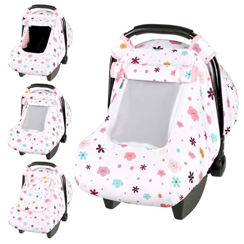 Image of Pea Pod Car Seat Cover Baby, Infant Car Seat Canopy Covers with 2 Layers Windows of Breathable Mesh Fabric, Lightweight Polyester, Soft Minky Dot Backing (Floral Pattern)