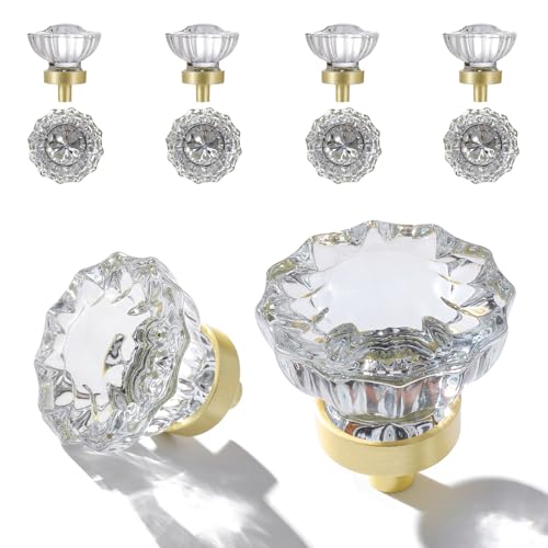 Crystal Knobs for Drawers 8 Pack Brushed Gold Glass Knob,