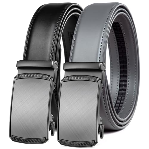 Image of Founders & C Mens Belt 2 Pack,Leather Ratchet Click Belt Dress with Slide Buckle 1 3 /8 inch in Gift Set Box- Size Adjustable