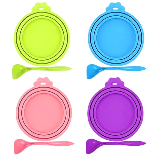 KAIYAYA Coperchio Universale in Silicone,4 Pezzi di Silicone Coperchi per Lattine Con,Con Quattro Cucchiai,Cibo per Gatti e Tubo Alimenti Cani Coperchio