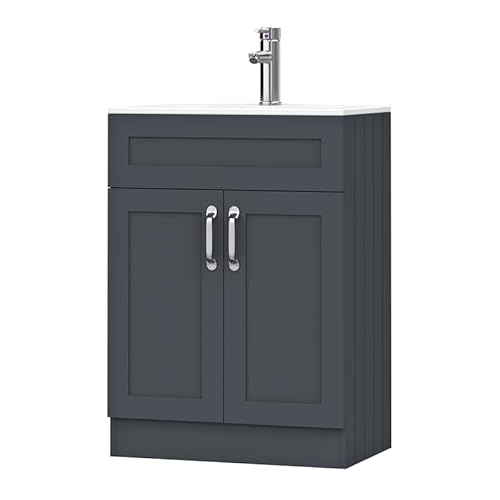 BELOFAY Crawley Grey 600mm Floor Standing Bathroom Vanity Unit With Basin - Laquered Cloakroom Vanity Unit with 1 Tap Hole Ceramic Basin and Soft Close Hinges. (WASTE INCLUDED)