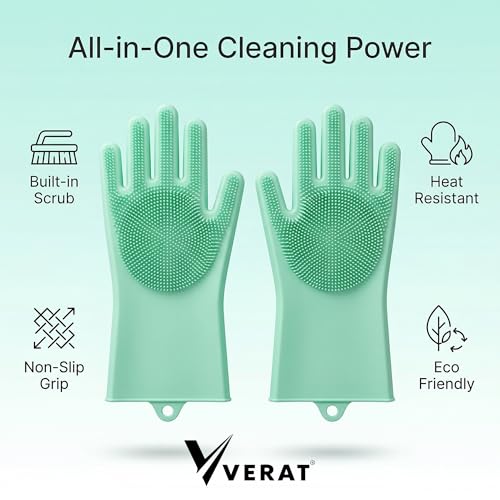 Image of Kitchen Dishwashing Gloves for Washing Dishes - Reusable Rubber /Silicone Cleaning Gloves for Kitchen, Bathroom & Car Cleaning - Waterproof Household Hand Gloves for Women, Home Essentials (Green)