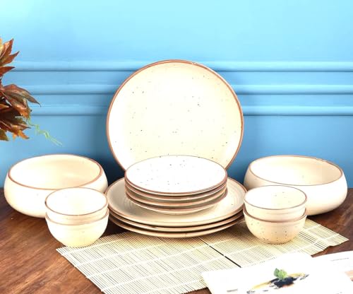 MIAH Decor Juego de 14 vajilla de cerámica hecha a mano con acabado mate acanalado hecho a mano (estilo 6), color blanco roto con borde marrón; apto para microondas, horno, congelador, lavavajillas MIAH Decor Juego de 14 vajilla de cerámica hecha a mano con acabado mate acanalado hecho a mano (estilo 6), color blanco roto con borde marrón; apto para microondas, horno, congelador, lavavajillas
