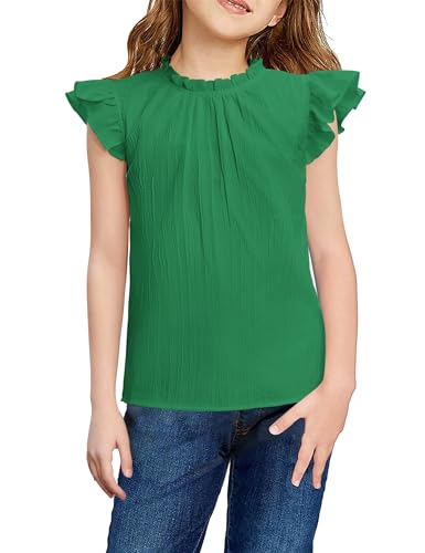 Image of Arshiner Girls Ruffle Short Sleeve Shirts Cute Summer Frill Neck Pleated Textured Blouse Tops