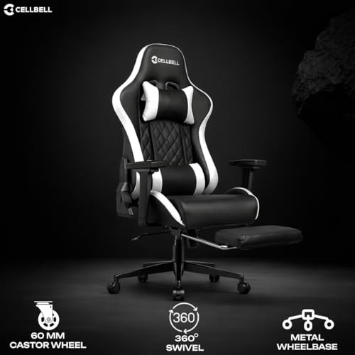 Image of CELLBELL Shadow FT Ergonomic Gaming Chair with Footrest Premium PU Leather 4D Armrests 180 Degree Recline Class 4 Hydraulic Tilt Lock Diamond Design Heavy Duty Base 60mm Wheels (White)