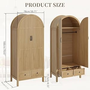 Wardrobe Closet Armoire Wardrobe Closet with Drawers and 2 Arched Fluted Doors 7087 Tall Wooden Bedroom Armoires with Shelves and Hanging Rod 1 Wood Color