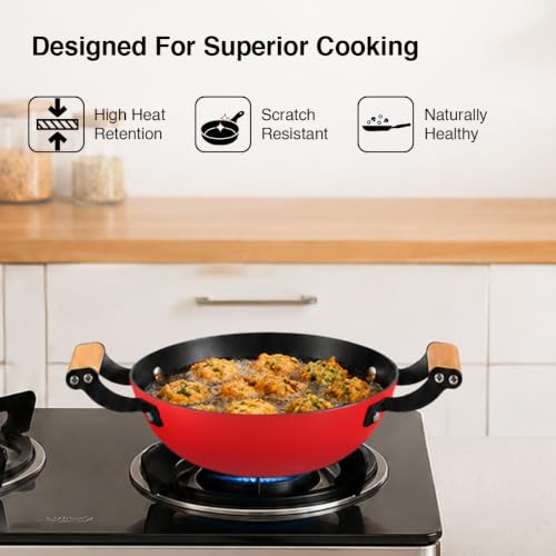 Image of Prestige Castlite Enamel Coated Cast Iron Kadai 20cm / 1.4L | Lightweight, High Heat Retention | Gas & Induction Compatible | Low-Oil Cooking | Stay-Cool Wooden Handles | Easy Clean | 15Y Warranty