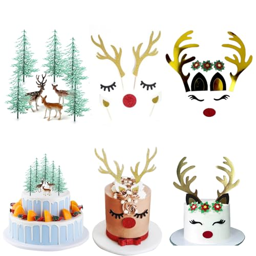 Forest Theme Cake Decoration - Reindeer Antlers, Rabbit with Eyelashes, Nose & Ears - Easter, Christmas, Halloween Party Decoration Supplies