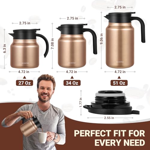 Image of Insulated Coffee Carafe, 34 oz, Keeps Hot for 12H, Copper | Thermal Carafe, One-Hand Pour, Leakproof Lid, Anti-Slip Base for Personal Use