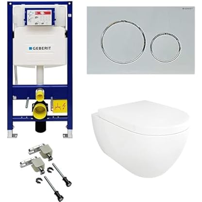 Alpenberger Hänge WC Komplettset | Toilette mit Geberit Spülkasten | Toilettenspülkasten Vorwandelement WC mit Geberit Duofix Bausatz & Betätigungsplatte Spülrandloses WC mit Bidet Funktion (7101 U)