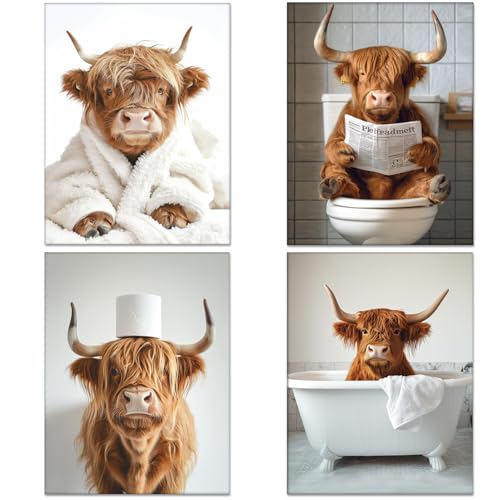 Nhemeylp 4 PCS Funny Bathroom Wall Art Decor Waterproof Highland Cow Canvas 20 x 25cm Cute Highland Cow Pictures for Walls Animals Humor Abstract Prints for Bedroom Kids Room - Cosy Home Interiors Nhemeylp 4 PCS Funny Bathroom Wall Art Decor Waterproof Highland Cow Canvas 20 x 25cm Cute Highland Cow Pictures for Walls Animals Humor Abstract Prints for Bedroom Kids Room
