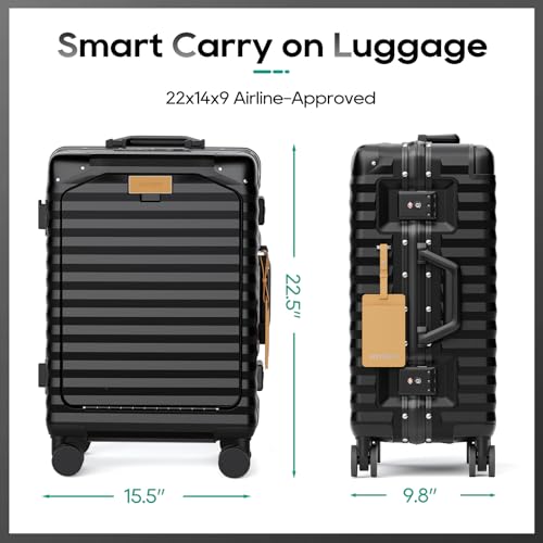 Image of Joyway 20 Inch Carry on Luggage with Aluminium Frame and Front Pocket, PC Hardshell Suitcase with USB Port and Cup Holder, 21.5x14.2x9 Airline Approved, Luggage with Spinner Wheels and TSA Lock(Black)