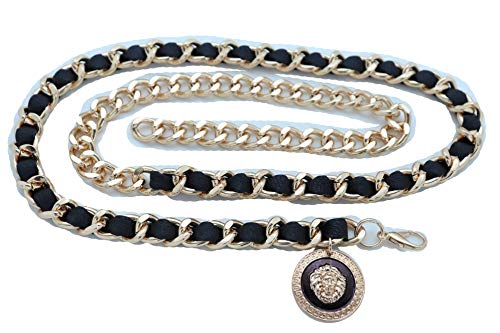 Women Fashion Belt Hip Waist Gold Metal Chain Links Black Fabric Band Lion Coin Medallion Charm XS S