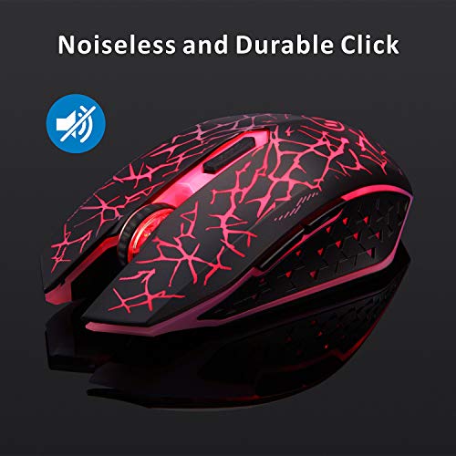 TENMOS K6 Wireless Gaming Mouse, Rechargeable Silent LED Optical Computer Mice with USB Receiver, 3 Adjustable DPI Level and 6 Buttons, Auto Sleeping Compatible Laptop/PC/Notebook (Red Light)