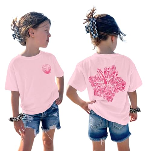 BeWithYou Girls Cute Hawaiian Beach T Shirts Kids Pink Hibiscus Flower Shirt Oversized Aesthetic Graphic Tees Summer TopsLight Pink 150