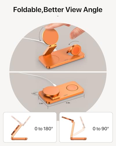 Image of UEQ Foldable 3 in 1 Wireless Charging Station for Apple Mag Safe Charger Stand,Fast Magnetic Wireless Charger Station for iPhone 17 Air 16 15 14 13 12 Series,Airpods Pro,Apple Watch Ultra (Orange)