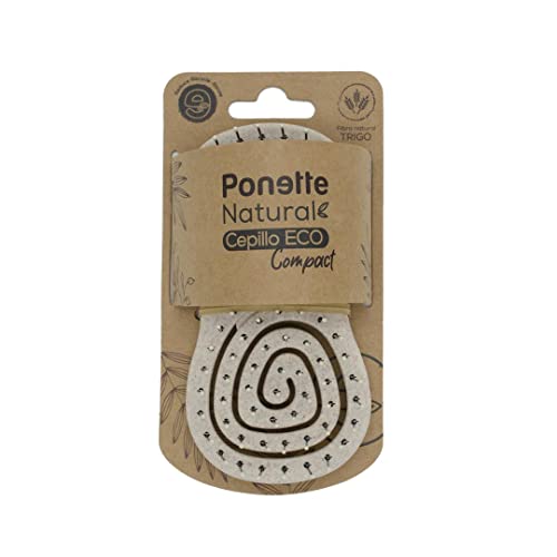 PONETTE NATURAL - Cepillo de Pelo de Viaje ECO Compact Ecológico Desenredante Antitirones Color Beige, Cepillo Masajeador, Fabricado con Fibra Natural de Trigo, 100% Reciclable, Marca Española