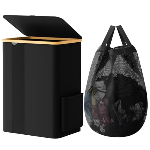 BlissTotes Laundry Basket with Lid, 80L Clothes Laundry Hamper with Handles and Removable Laundry Bag, Breathable Design Hamper with Lid for Bedroom, Bathroom, Dorm, Laundry Room - Black