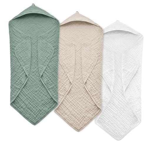 Image of Hooded Baby Towels for Newborn, 35x35 Inch 3 Pack 100% Muslin Cotton Baby Bath Towel, Soft Baby Beach Towels with Hood for Infants, Toddlers and Kids, Essentials Must Haves