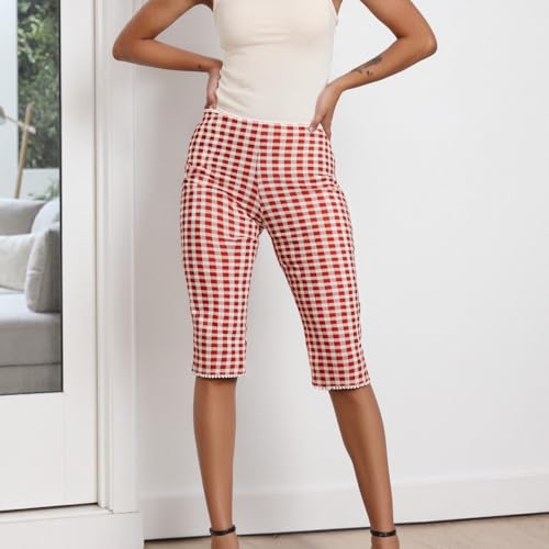 Women's Gingham Capri Pants Elastic Waisted Mid Rise Vintage Plaid Pants Skinny Leggings Cropped Trousers4