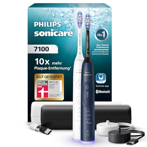 Philips Sonicare 7100 elektrische Zahnbürste, Schallzahnbürste mit App, 4 Putzmodi und 3 Intensitätsstufen, Andruckkontrolle, EasyStart, Weiß und Marineblau, 2er Pack, HX7429/01 [Neue Technologie]