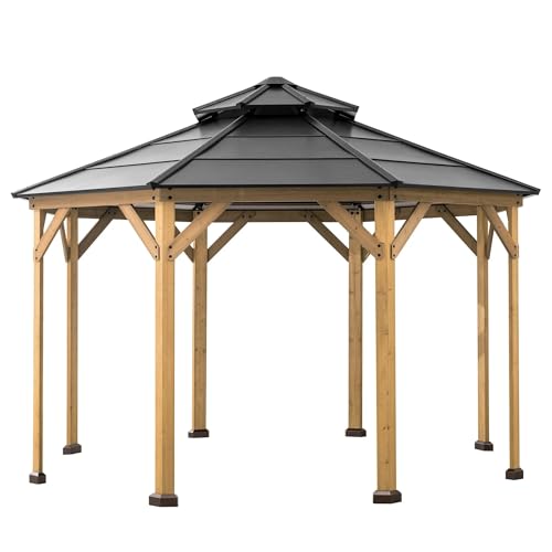Sunjoy Ion Collection 13 x 13 ft. Cedar Framed Octagon Wood Gazebo with Brown Double Tiered Steel Hardtop Roof and Ceiling Hook for Garden, Backyard Shade - Image 2