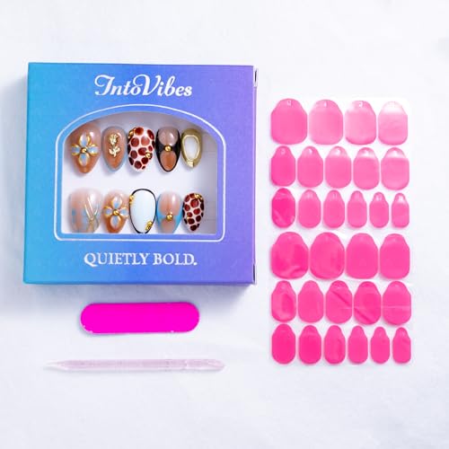 IntoVibes 10 Pieces Handmade Short Almond Press On Nails, Blue Thickened False Nails, 3D Petals And Golden Flowers, Reusable Fake Nails Almond, Reusable Acrylic Nails (L) — view 5
