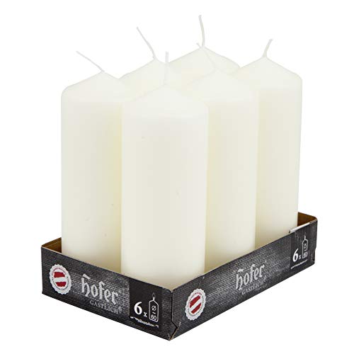 Hofer Candele Cilindriche a Colonna - 6 x 16,5 cm - Colore Avorio - Set di 6 Candele Grandi - Lunga Durata: 54 Ore - Non Profumate - Cera Antigoccia - Qualità RAL