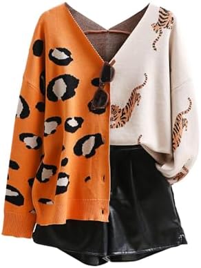 Leopard Tiger Print Cardigan Women: V Neck Color Block Sweater Long Sleeve Animal Print Outfits for Women