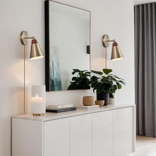 Image of Wall Sconce Set of 2, Wall Sconce with Metal Shade, Plug Switch, Indoor Decor Wall Mount Swing Arm Lamp for Bedroom,Hallway,Living Room,Reading, Vintage Brass