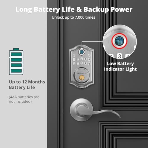 Image of AkaGear DS10 Pro Keyless Entry Door Lock with Lever Handle Set, Bluetooth APP Control, Fingerprint Door Locks, Electronic Keypad Deadbolt Lock, Smart Doors Lock, Auto-Lock, Satin Nickel