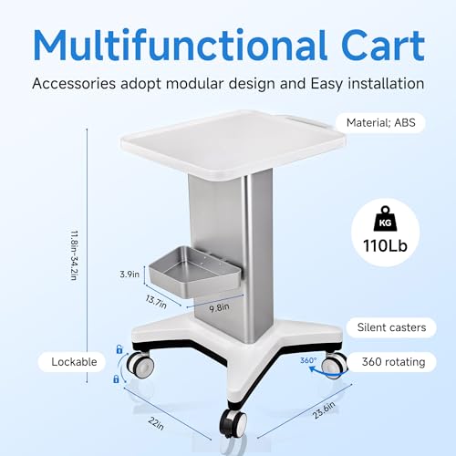Medical Trolley Storage Cart with a Box Rolling Lab Cart with Silent Wheels Load 110 Lbs Mobile Utility Cart for Dental Clicnic Lab Beauty Salon Office