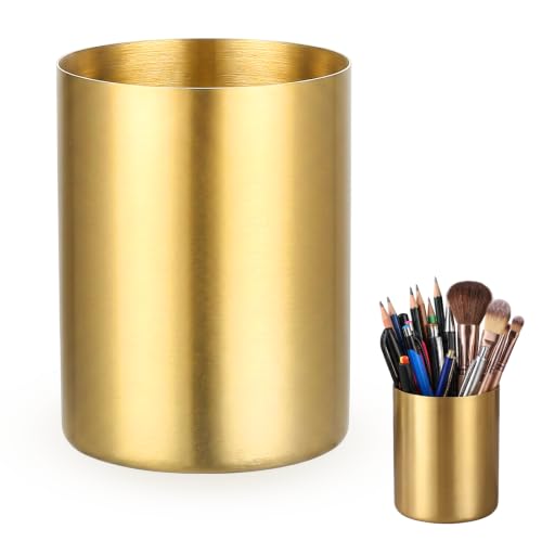 shuielai Stainless Steel Gold Pen Holder, Multi-Purpose Desk Pencil Cup, Elegant Makeup Brush Organizer for Office Home Vanity Decor, 3.9 Inch