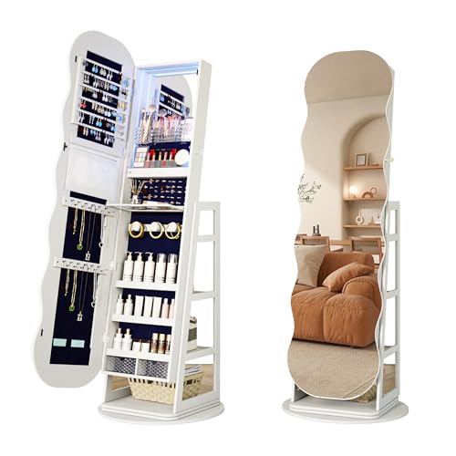 MDGC 360°Swivel Wavy Full-Length Mirror with Storage Shelves,Jewelry Organizer with 3 LED lighted Interior Mirror, Lockable Wide Mirror with Jewelry Storage(White)