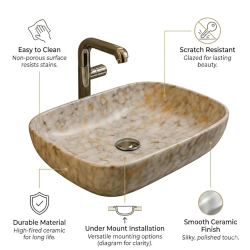 Image of Ceramic Tabletop Wash Basin - Glossy Rectangular Countertop Vessel Sink with Marble Finish for Bathroom & Vanity | Compact 18 x 13 x 5 Inch | Elegant Washbasin