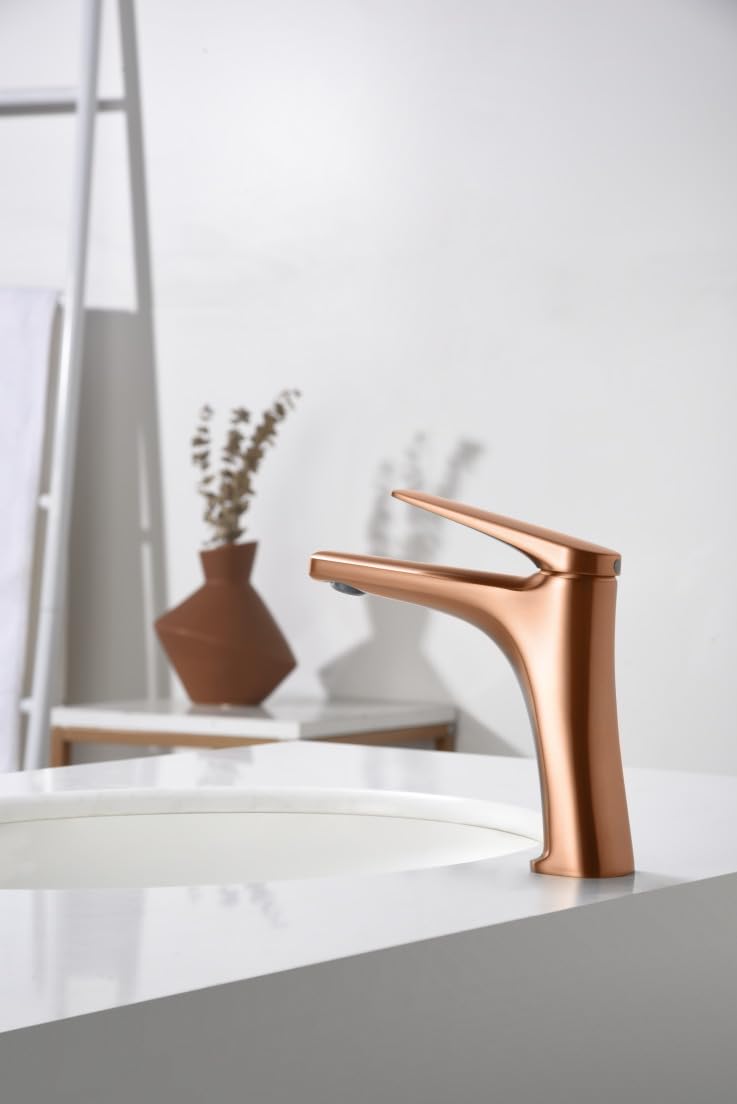 MICE - Grifo monomando para lavabo fabricado en latón - Griferia Baño de lavamanos para agua Caliente/Fria (Oro Rosa Cepillado)