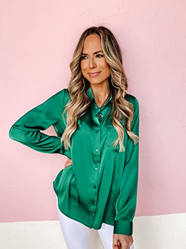 Pausus Womens Silk Button Down Shirt Slim Fit Long Sleeve Work Shirt Satin Blouses With Pocket(Green,M) #TOP1